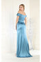 May Queen MQ1997 Off-Shoulder Satin Bridesmaids Gown with High Slit and Sweep Train