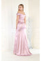 May Queen MQ1997 Off-Shoulder Satin Bridesmaids Gown with High Slit and Sweep Train