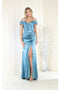 May Queen MQ1997 Off-Shoulder Satin Bridesmaids Gown with High Slit and Sweep Train