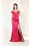 May Queen MQ1997 Off-Shoulder Satin Bridesmaids Gown with High Slit and Sweep Train