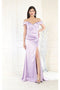 May Queen MQ1997 Off-Shoulder Satin Bridesmaids Gown with High Slit and Sweep Train