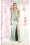 May Queen MQ1997 Off-Shoulder Satin Bridesmaids Gown with High Slit and Sweep Train