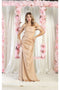 May Queen MQ1998 Off-Shoulder Ruched Bridesmaids Dress with Corset Detail