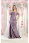 May Queen MQ1998 Off-Shoulder Ruched Bridesmaids Dress with Corset Detail