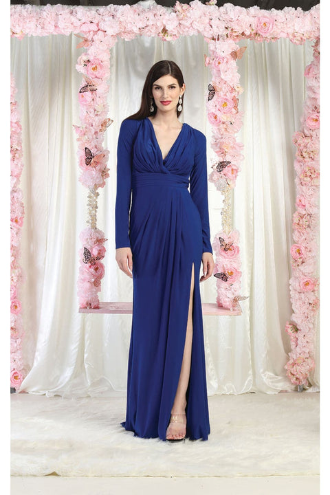 May Queen MQ1999 Long Sleeve Pleated Bodice Formal Evening Gown