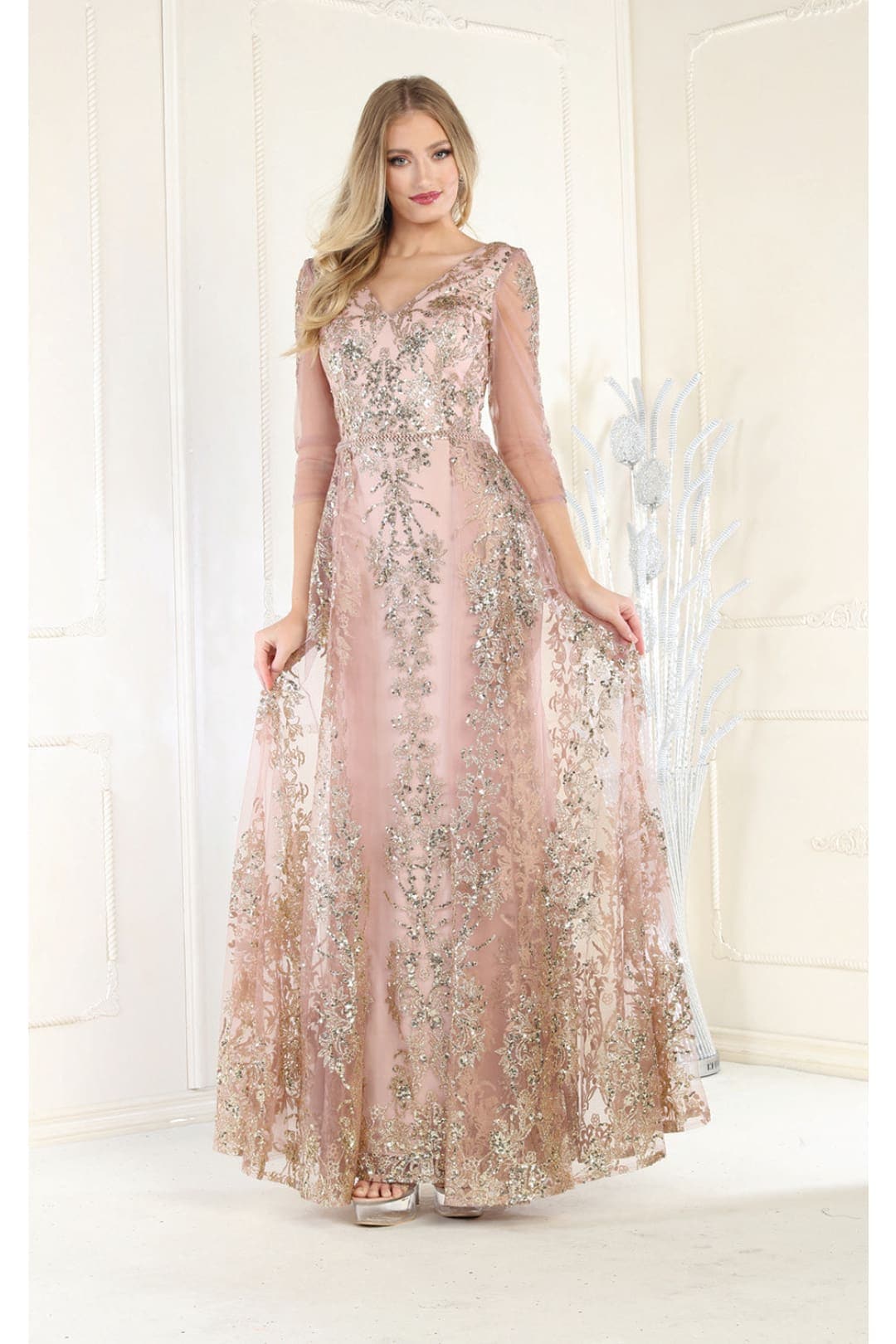 May Queen MQ2000 Glitter 3/4 Sleeve Formal Evening Dress– sheerdreamz