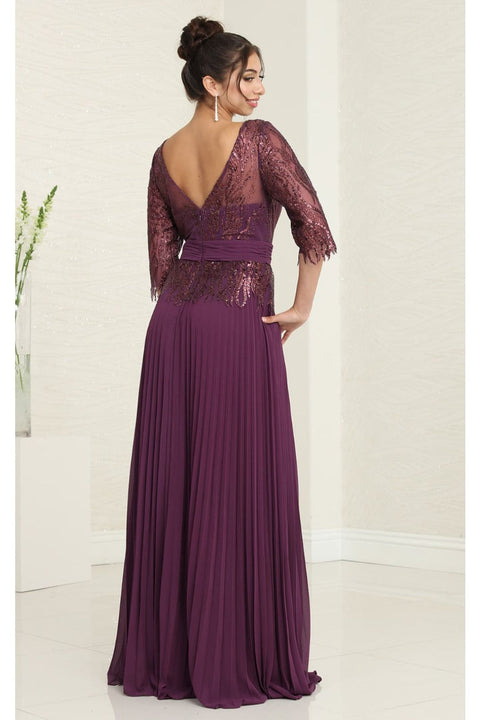 May Queen MQ2007 Rhinestone Beaded Pleated Gown with 3/4 Sleeves