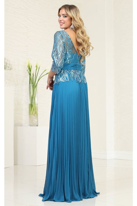 May Queen MQ2007 Rhinestone Beaded Pleated Gown with 3/4 Sleeves