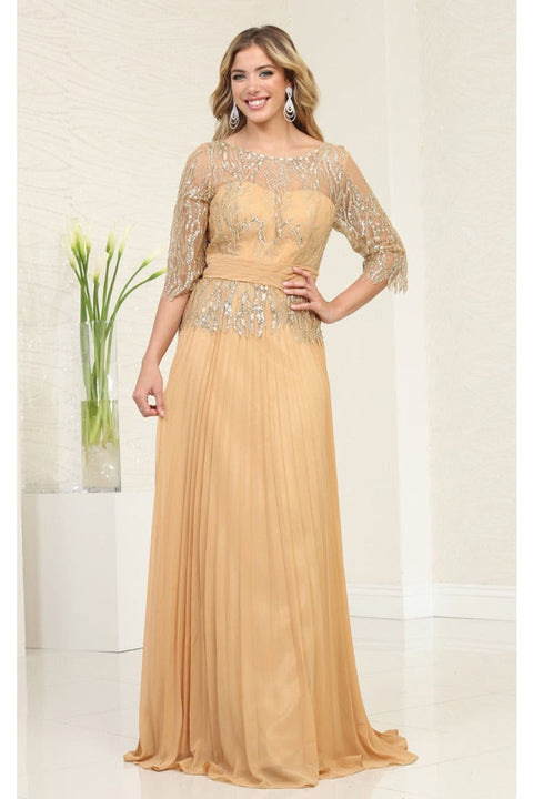 May Queen MQ2007 Rhinestone Beaded Pleated Gown with 3/4 Sleeves