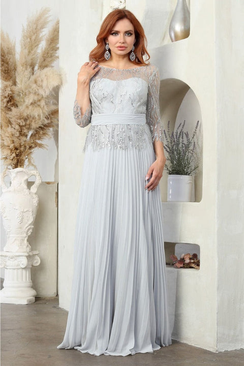 May Queen MQ2007 Rhinestone Beaded Pleated Gown with 3/4 Sleeves