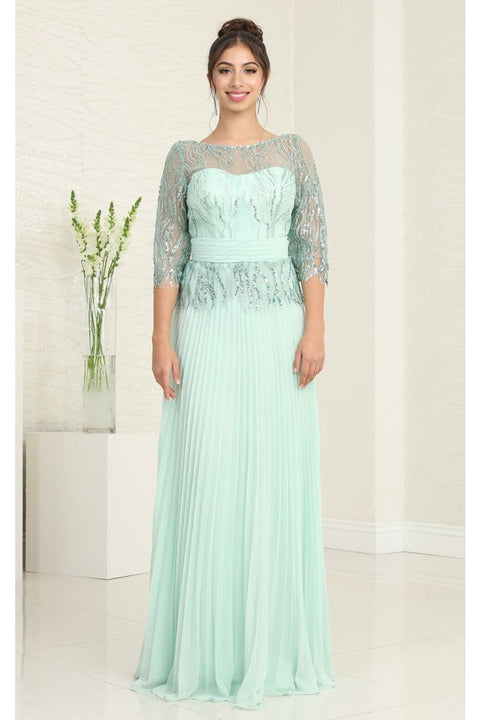May Queen MQ2007 Rhinestone Beaded Pleated Gown with 3/4 Sleeves
