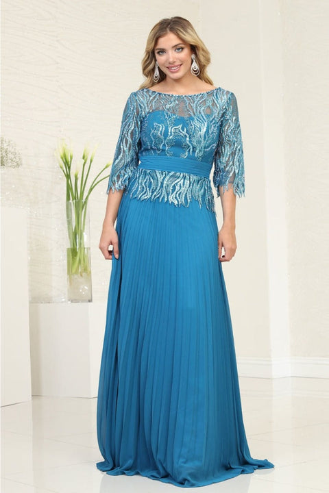 May Queen MQ2007 Rhinestone Beaded Pleated Gown with 3/4 Sleeves