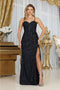 May Queen MQ2020 Sequin Corset Evening Gown with Spaghetti Straps and High Slit