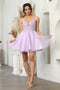 May Queen MQ2025 Spaghetti Strap Glitter Homecoming Dress with Lace Appliqué