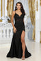 May Queen MQ2032 Spaghetti Strap Embellished Evening Gown with Slit