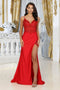 May Queen MQ2032 Spaghetti Strap Embellished Evening Gown with Slit