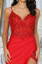 May Queen MQ2032 Spaghetti Strap Embellished Evening Gown with Slit