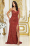 May Queen MQ2035 Spaghetti Strap Sequin Gala Gown with Side Slit