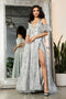 May Queen MQ2038 Floral Applique Glitter High Slit Long Evening Gown