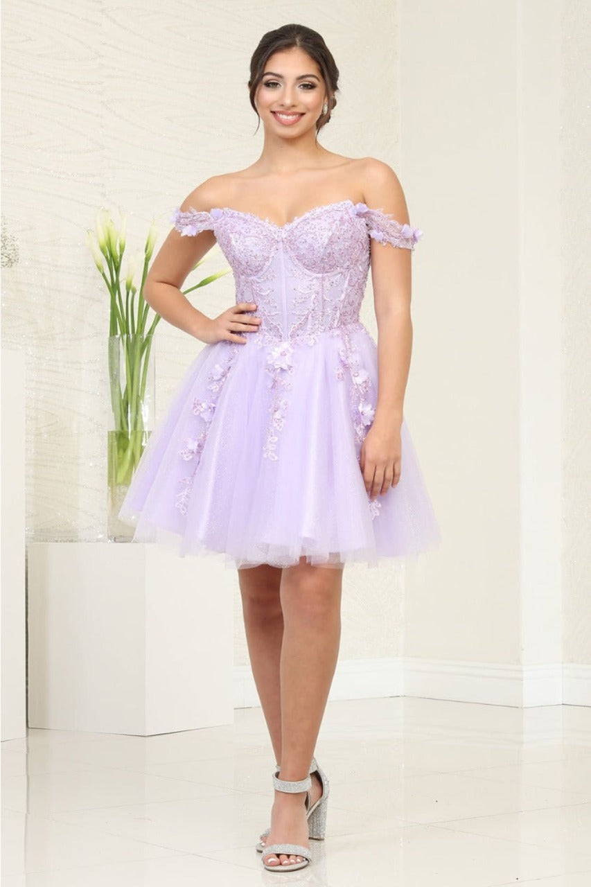 white christmas dresses May Queen MQ2081 Off-Shoulder 3D Flower Embellished Short Cocktail Dre–  sheerdreamz
