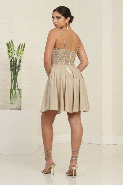 May Queen MQ2096 Spaghetti Strap Floral Applique Cocktail Dress
