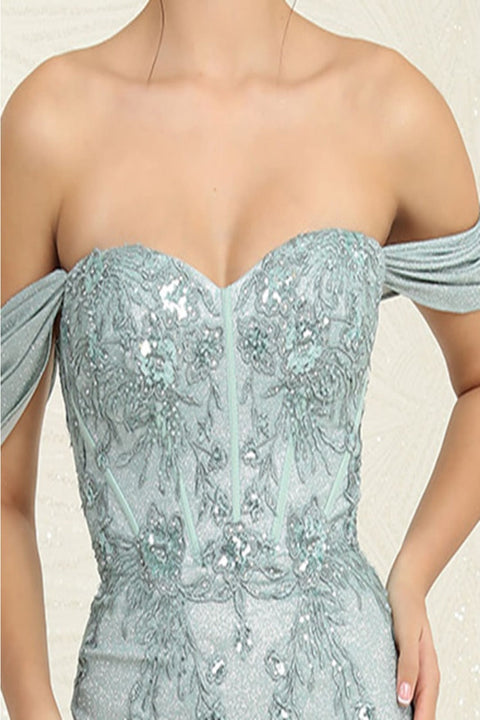 May Queen MQ2104 Draped Sleeves Corset Glitter Red Carpet Gown
