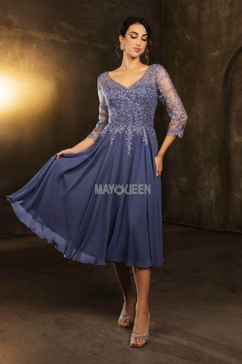 May Queen MQ2108 Tea-Length Illusion V-Neck Dress