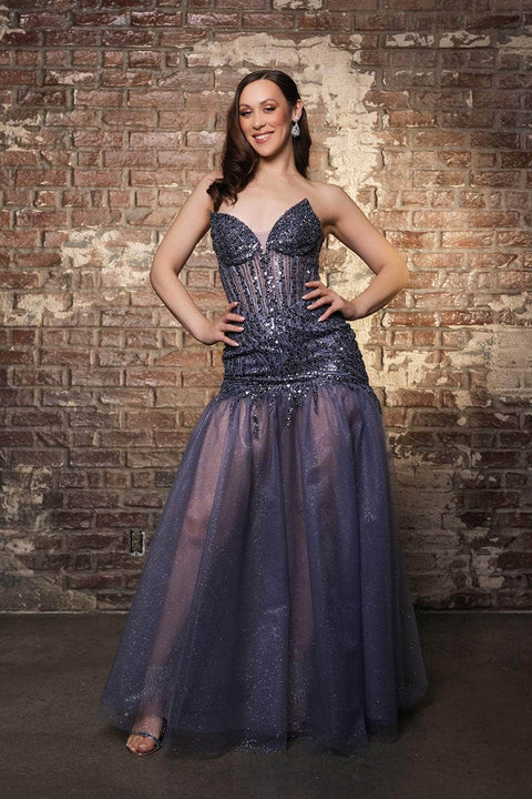 May Queen MQ2131 Sequined Trumpet Dress with Corset Bodice and Elegant Silhouette