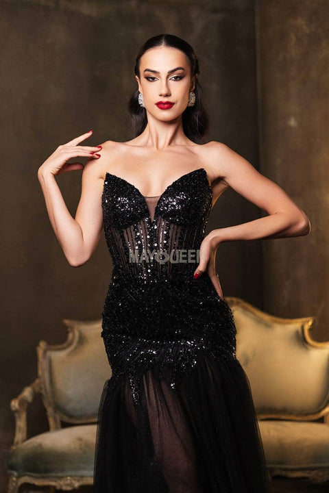 May Queen MQ2131 Sequined Trumpet Dress with Corset Bodice and Elegant Silhouette
