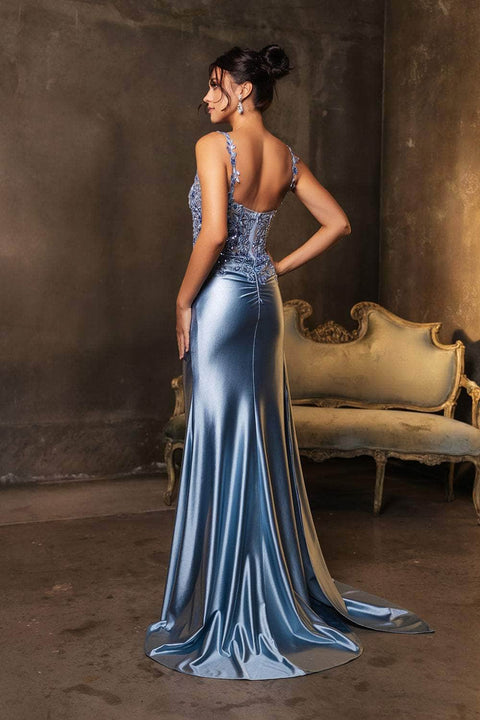 May Queen MQ2145 Ruched Satin Dress with Lace Appliqué and Elegant Silhouette
