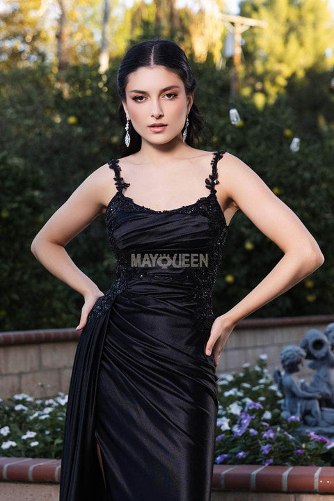 May Queen MQ2145 Ruched Satin Dress with Lace Appliqué and Elegant Silhouette