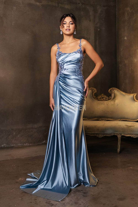 May Queen MQ2145 Ruched Satin Dress with Lace Appliqué and Elegant Silhouette