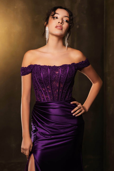 May Queen MQ2146 Off-Shoulder Lace Corset Gown with Elegant Silhouette