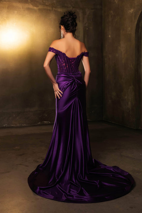 May Queen MQ2146 Off-Shoulder Lace Corset Gown with Elegant Silhouette