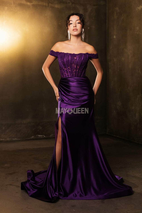 May Queen MQ2146 Off-Shoulder Lace Corset Gown with Elegant Silhouette