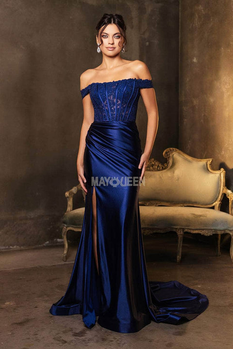 May Queen MQ2146 Off-Shoulder Lace Corset Gown with Elegant Silhouette