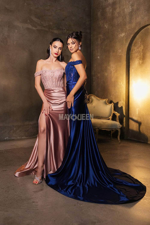 May Queen MQ2146 Off-Shoulder Lace Corset Gown with Elegant Silhouette