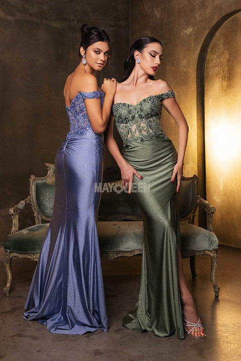 May Queen MQ2148 Lace Bodice Glitter Sheath Gown with Elegant Silhouette