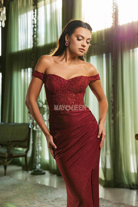 May Queen MQ2148 Lace Bodice Glitter Sheath Gown with Elegant Silhouette