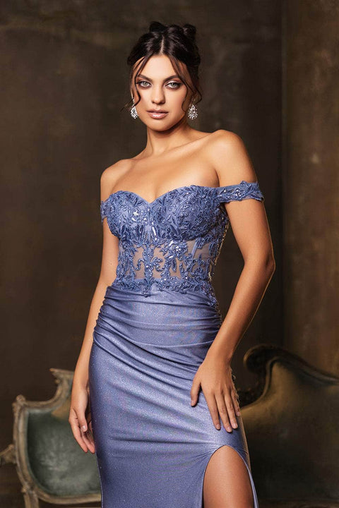 May Queen MQ2148 Lace Bodice Glitter Sheath Gown with Elegant Silhouette