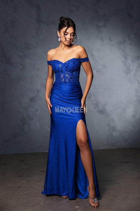 May Queen MQ2148 Lace Bodice Glitter Sheath Gown with Elegant Silhouette