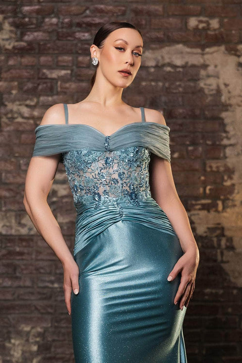 May Queen MQ2151 Off-Shoulder Ruched Sheath Gown with Elegant Silhouette