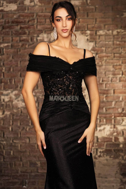 May Queen MQ2151 Off-Shoulder Ruched Sheath Gown with Elegant Silhouette