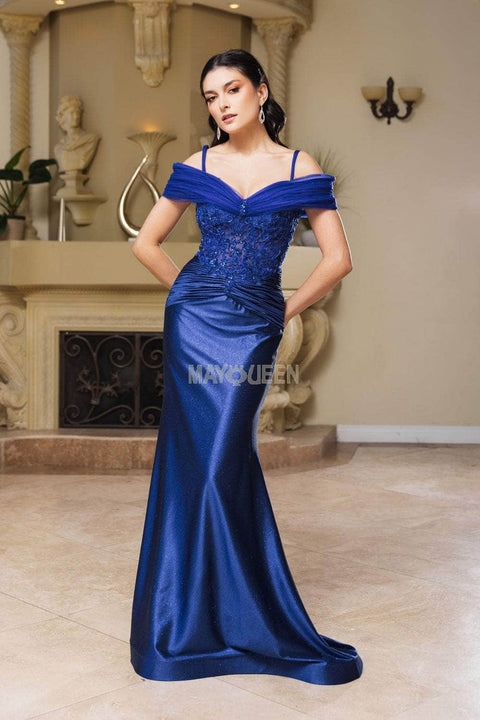 May Queen MQ2151 Off-Shoulder Ruched Sheath Gown with Elegant Silhouette