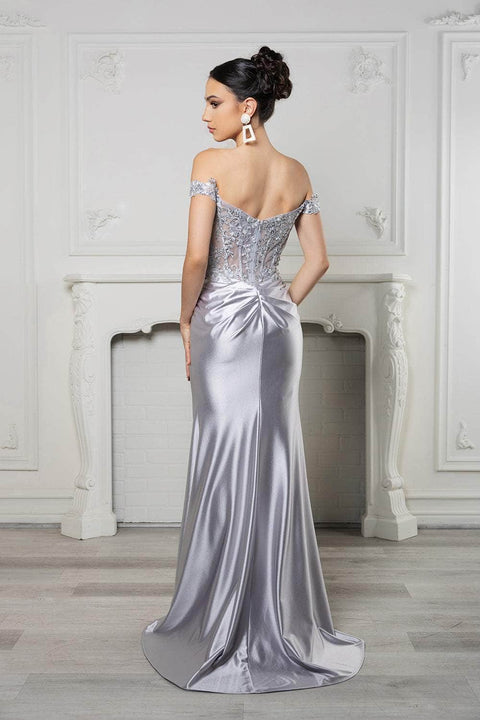 May Queen MQ2157 Off-Shoulder Gown with Asymmetric Pleats and Elegant Silhouette