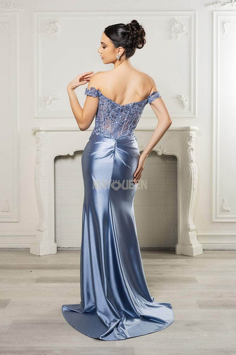 May Queen MQ2157 Off-Shoulder Gown with Asymmetric Pleats and Elegant Silhouette