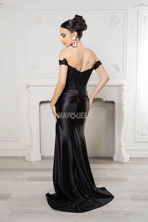 May Queen MQ2157 Off-Shoulder Gown with Asymmetric Pleats and Elegant Silhouette