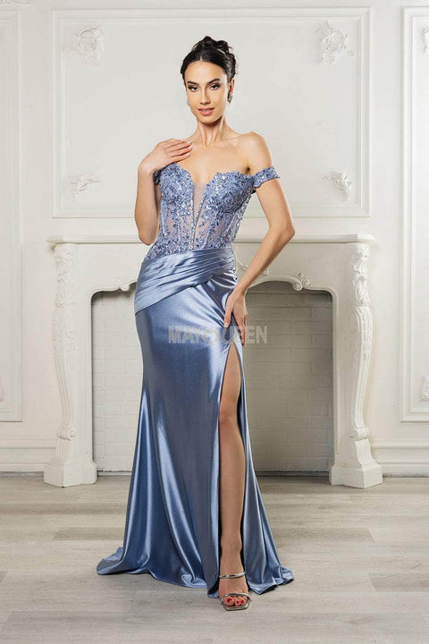 May Queen MQ2157 Off-Shoulder Gown with Asymmetric Pleats and Elegant Silhouette
