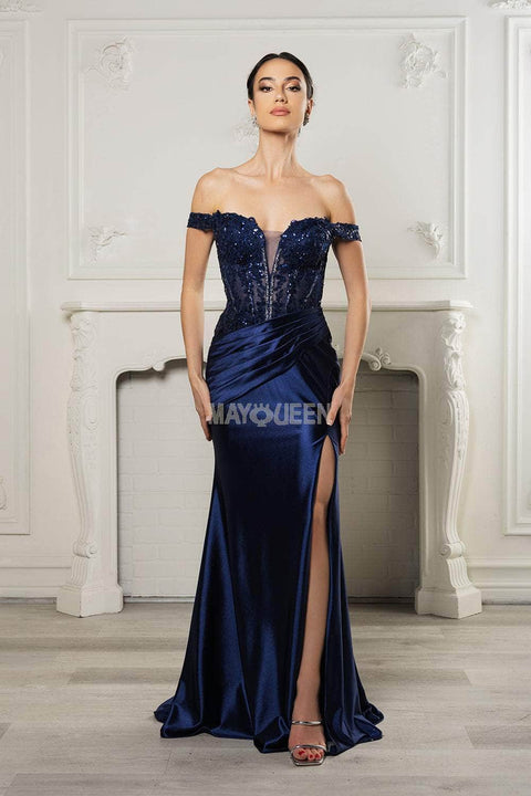 May Queen MQ2157 Off-Shoulder Gown with Asymmetric Pleats and Elegant Silhouette