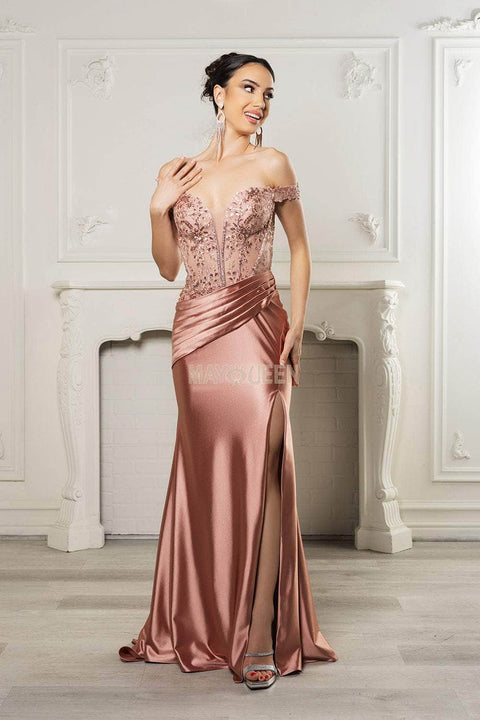 May Queen MQ2157 Off-Shoulder Gown with Asymmetric Pleats and Elegant Silhouette